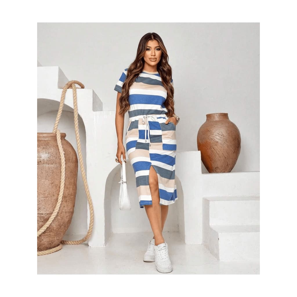 Vestido Mídi   Listrado  Bloco De Cores    Malhado  Bolso  Dividido    Praia