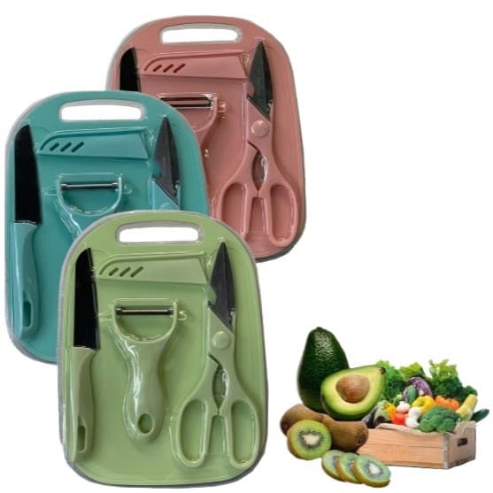 KIT Facas Tesoura Descascador Tábua Coloridos de Cozinha Aço Inoxidável 4 PEÇAS