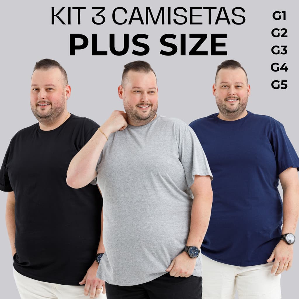 KIT 3 (Lote Três) Camiseta Camisa Plus Size Masculina Extra Grande 100% Algodão 30.1 G1 G2 G3 G4 G5