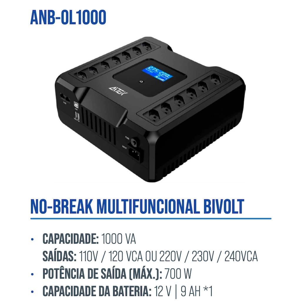 NOBREAK 1000VA ENTRADA BIVOLT / SAIDA BIVOLT 110V / 220V ANB-OL1000