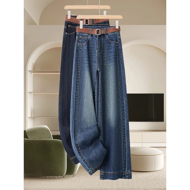 Calças de brim de perna larga Retro de alta qualidade feminino 2025 primavera outono novo estilo de cintura alta Drape p