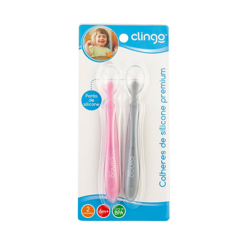 Kit 2 Colheres Silicone Bebê Clingo Rosa e Cinza  Alimentação Infantil