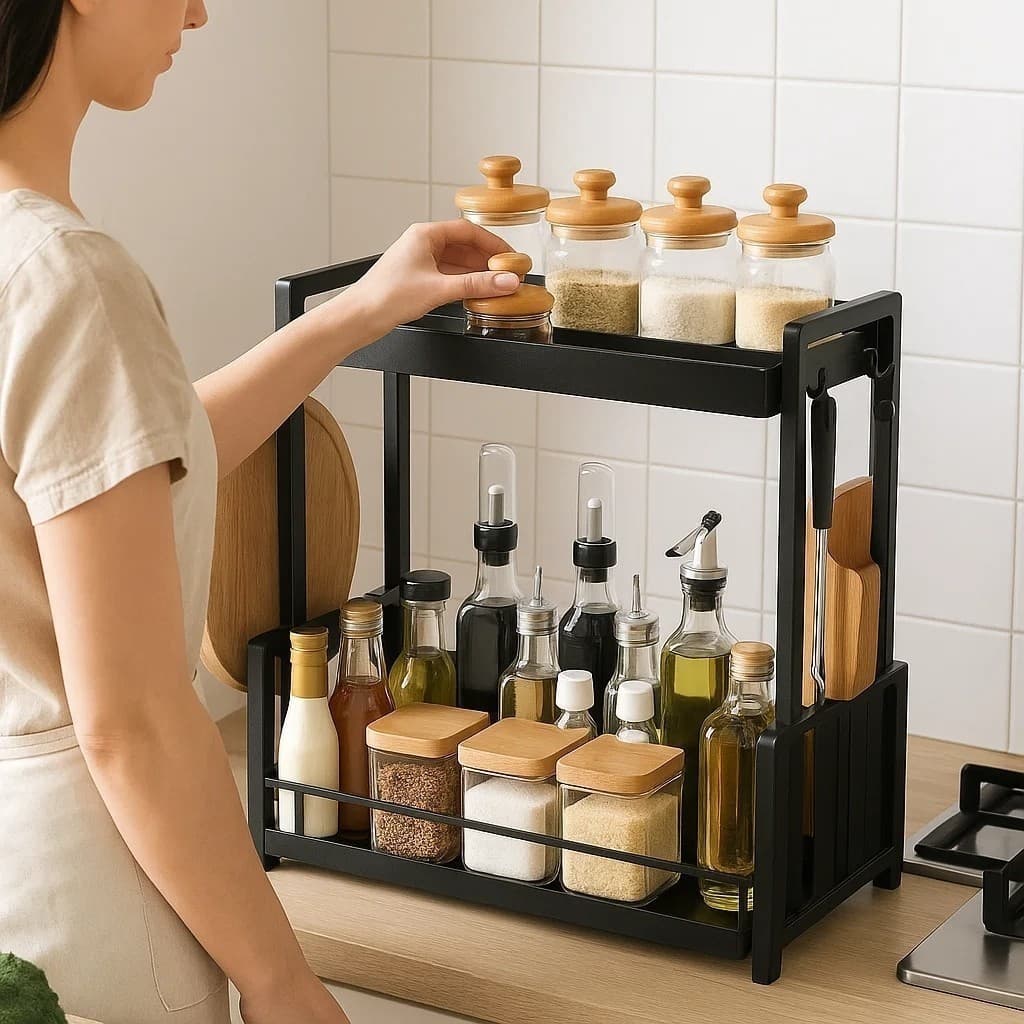 Organizador Frasco Cozinha Preto Potes Tempero Rack Gancho Prateleira Suporte Armazenamento Bancada