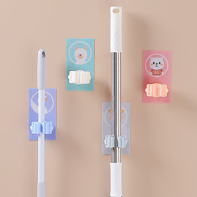 Novo dos desenhos animados mop rack vassoura clipe gancho não-marcação perfuração-livre banheiro fixado na parede rack m