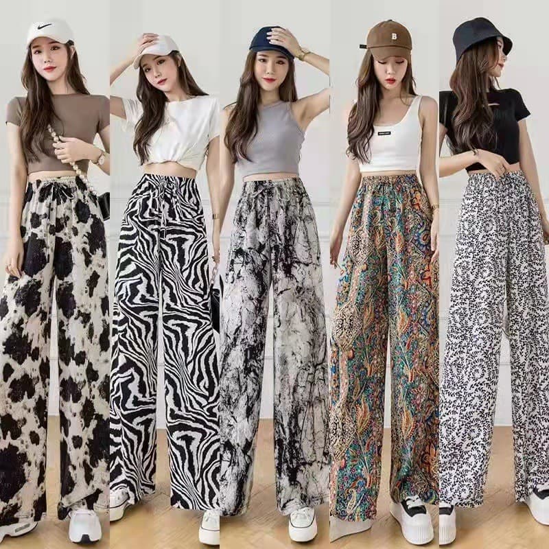Chiffon tinta estilo Tie-Dye calças femininas verão fino Casual calças de seda gelo Drape esfregar calças retas calças d