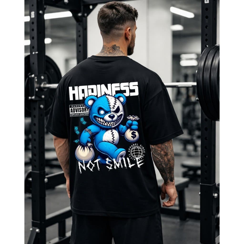 Camiseta De Gran Tamaño Felicidad No Sonrisa Urso Streetwear Masculina Algodão Estampa Urbana