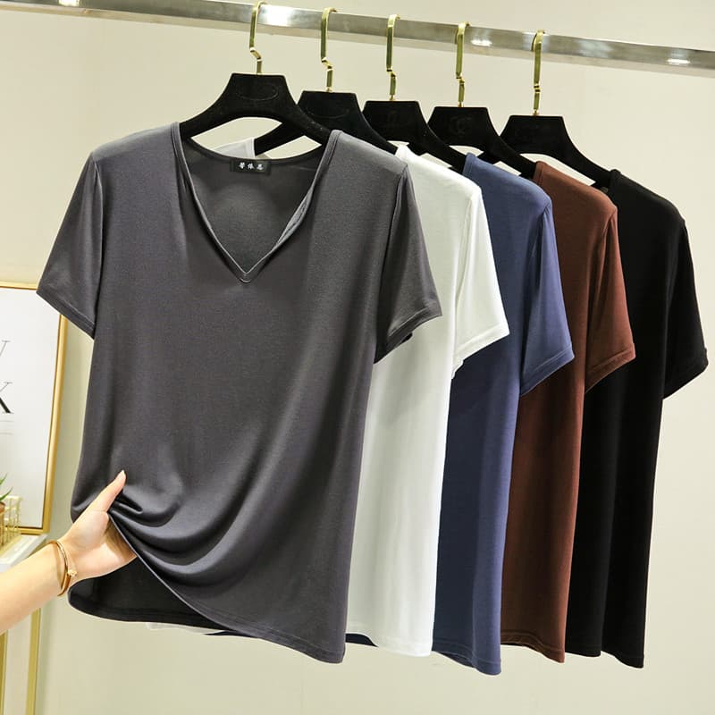 Modal de manga curta feminina verão com decote em V camisa de fundo estilo fino mais magro olhar interior camiseta All-M