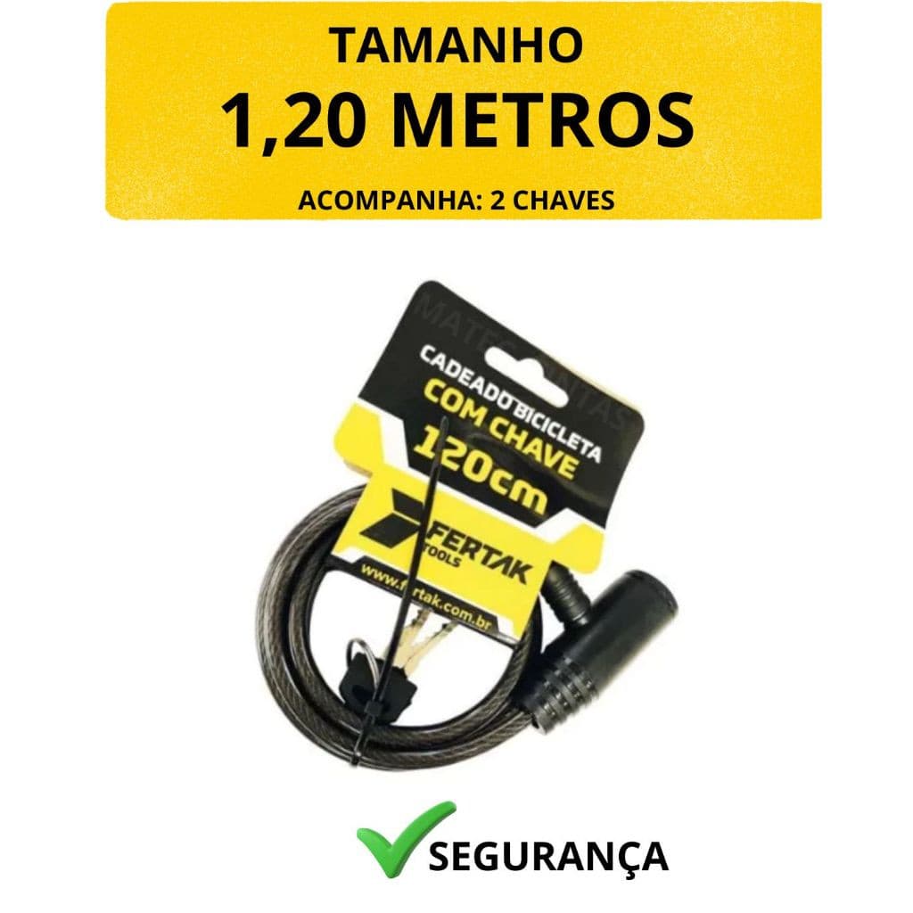 Cadeado Trava com Cabo de Segurança Antifurto Bike Bicicleta Moto Chave Preto 1,20M X 6MM Fertak