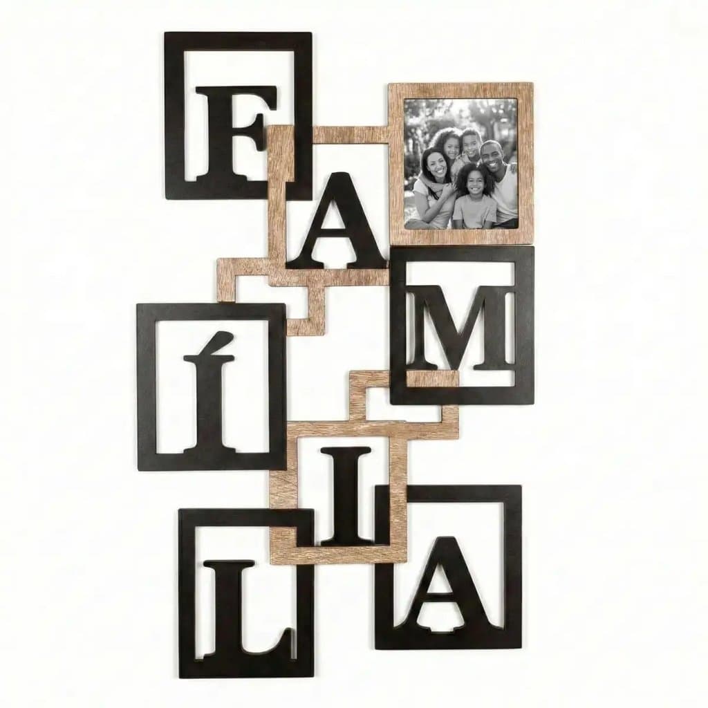 Quadro Decorativo Família MDF Painel Moderno para Fotos Decoração MDF Preto e Amadeirado Quadro Personalizado