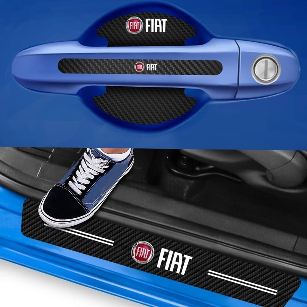 Kit 8 peças Soleira COM Maçaneta de Porta Carro Proteção Fibra de Carbono Anti Arranhões Fiat (Soleira + Maçaneta)