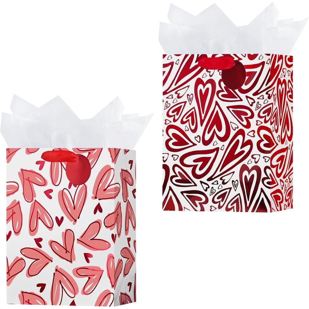OFIHANLY Pacote com 2 Sacolas de Presente de 12,6" Tamanho Médio para o Dia dos Namorados com Alças para Mulheres, Sacol