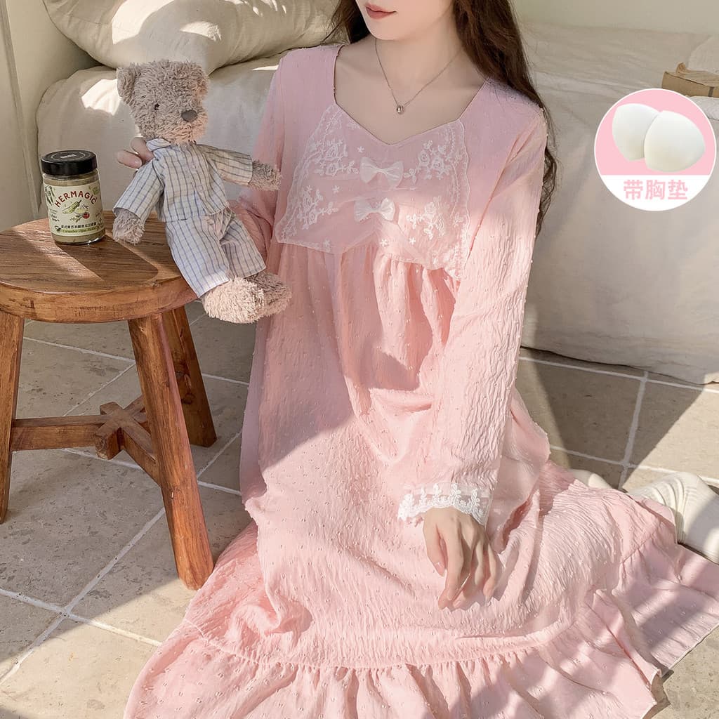Doce estilo algodão camisola feminina primavera outono manga comprida com decote em V renda com almofada no peito rosa s
