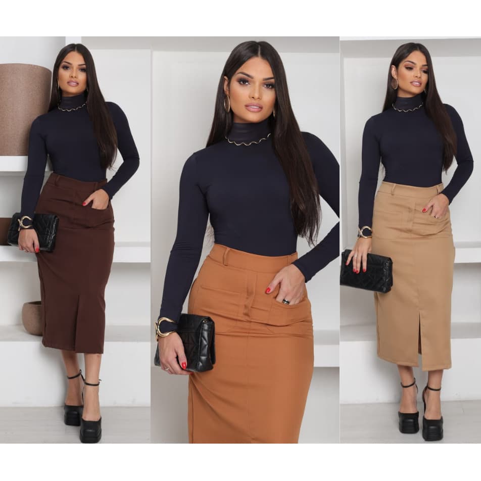 Saia Midi Feminina Elegante Alfaiataria com Bolso Frontal para Festa e Trabalho