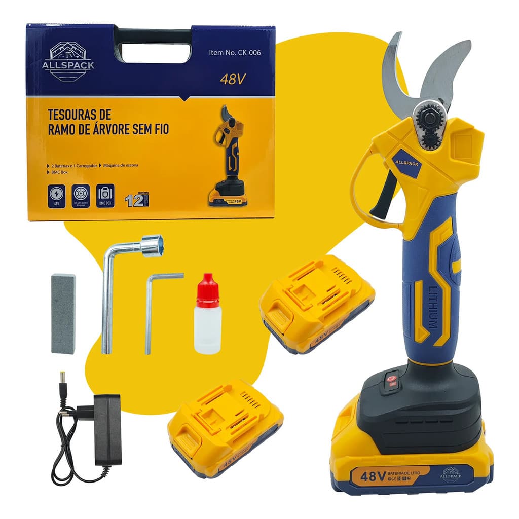 Kit Tesoura De Poda Elétrica 48v Sem Fio 2 Baterias