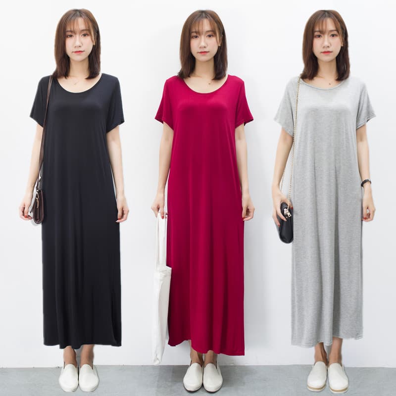 Vestido feminino verão comprimento médio preto manga curta camiseta saia longa em torno do pescoço Modal saia de fundo c