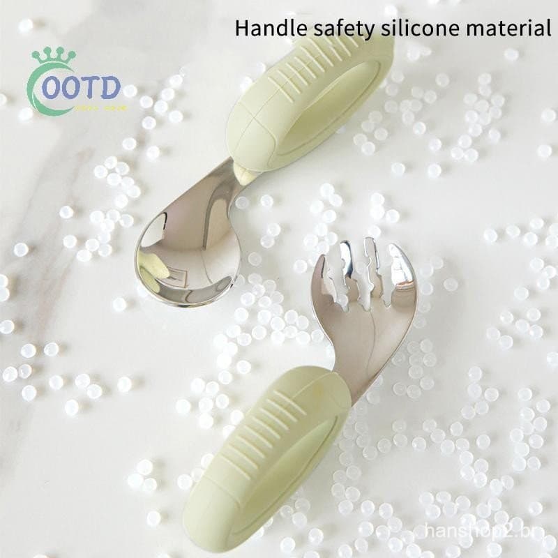 Moda Hoje 1 Conjunto Novo Silicone Bebê 316 Colheres De Garfo De Aço Inoxidável Treinamento Fácil De Segurar Cotovelo Co