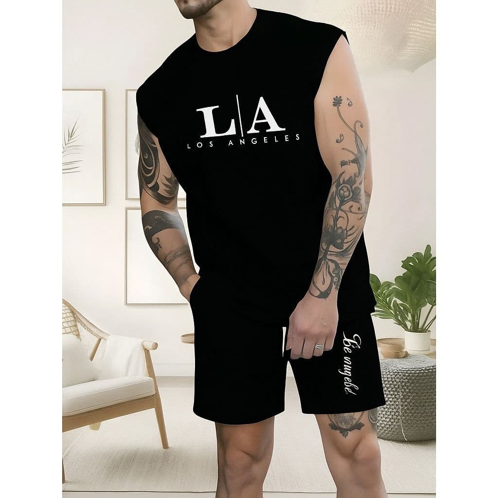 Conjunto Regata Machão L A Los Angeles Camiseta Camisa Masculina Bermuda Moletom com Bolso Algodão Praia Verão Esporte