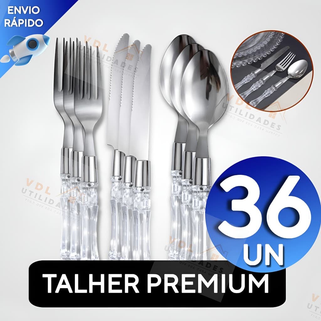 Conjunto Jogo de Talheres 36 Peças Facas Garfos Colher Cabo Transparente Cristal Acrílico