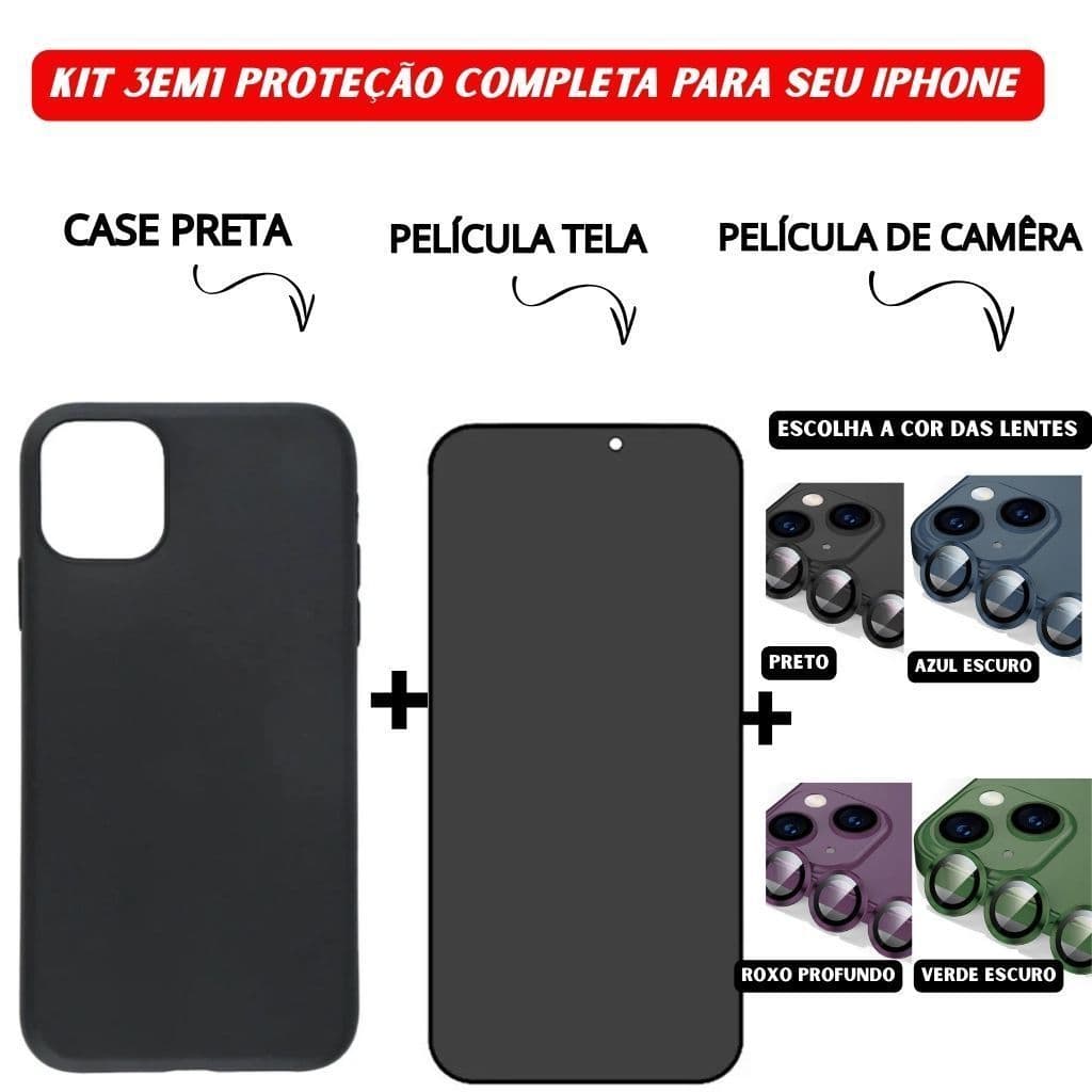 Kit Case Preta + Película Vidro Privacidade 3D + Película Câmera Colorida iPhone - Nanclares
