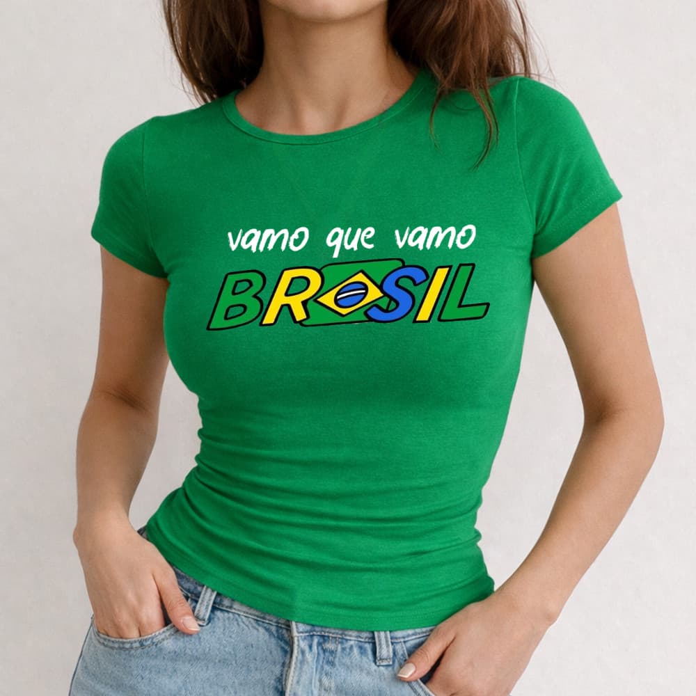 Babylook Algodão Estamp Vamo que Vamo Brasil 1008 Copa do Mundo Torcida Menina Tecido Macio Futebol