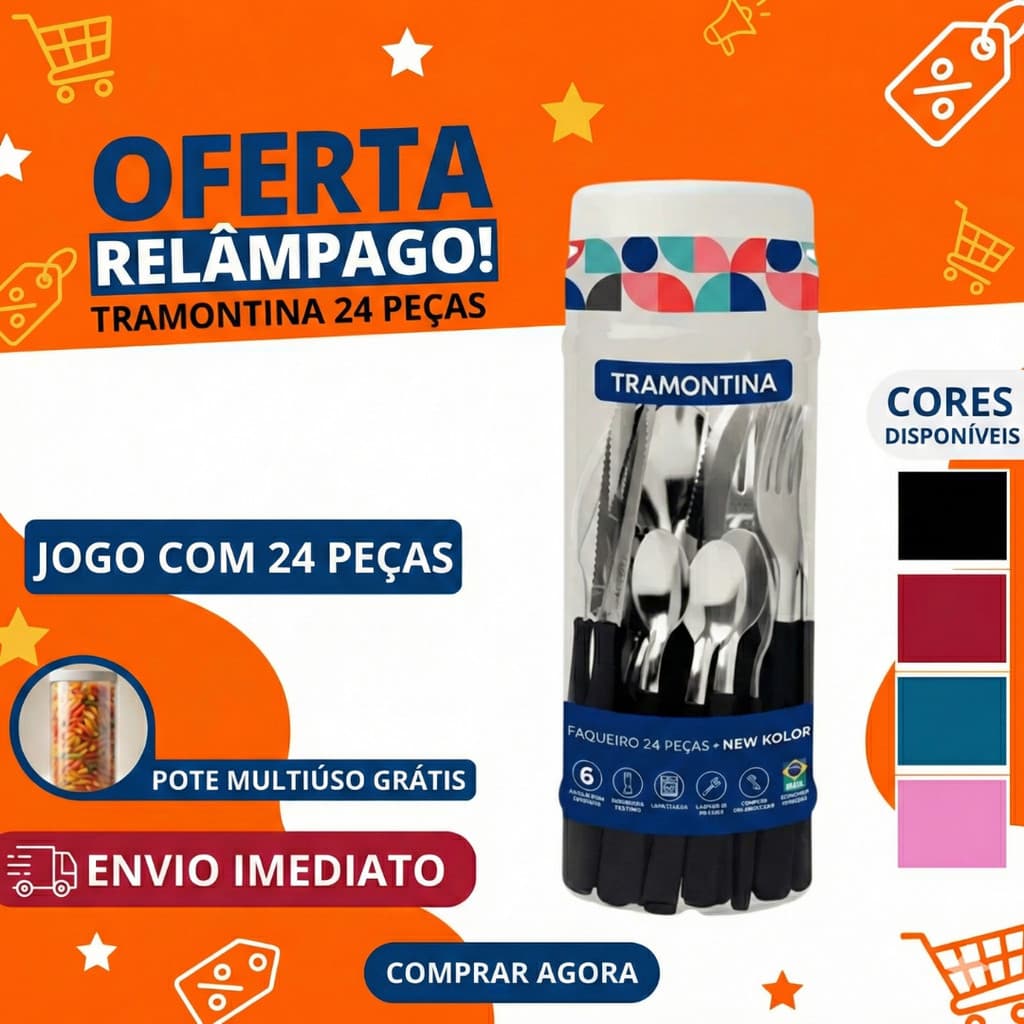Jogo de Talheres Faqueiro Tramontina 24 Peças Aço Inox New Kolor Cabo Polipropileno Resistente