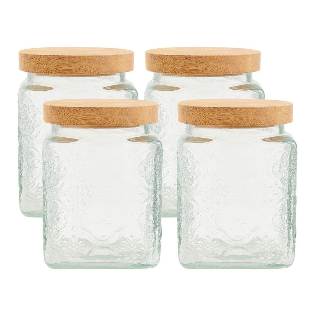 Kit 4 Pote Hermético De Vidro para Mantimentos Com Tampa Bambu e Silicone 985ml