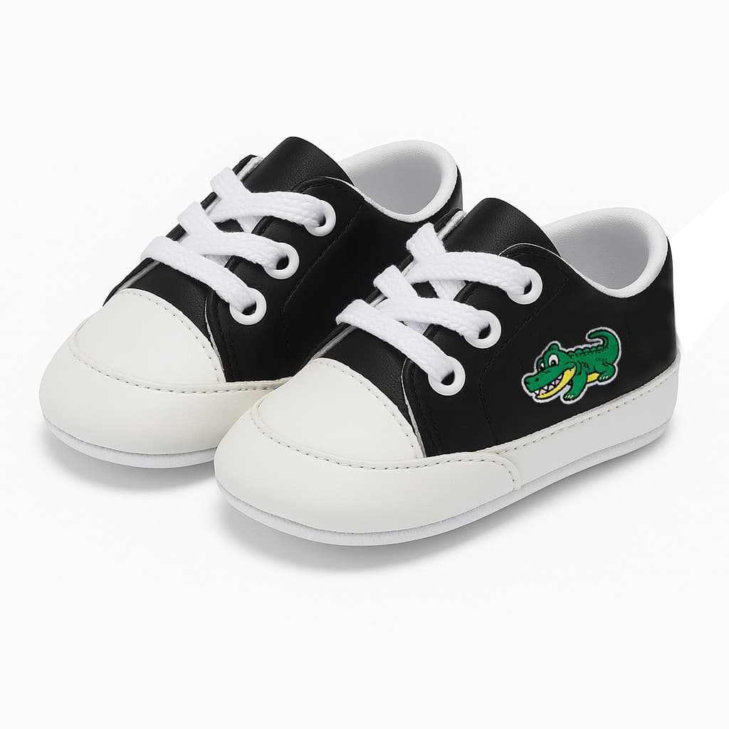 Tênis Bebê Preto e Branco Estilo Casual Jacaré| Sapatinho Infantil Confortável