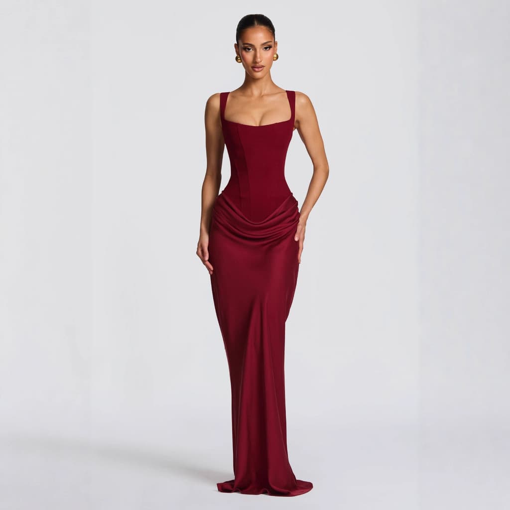 Vestido Longo Feminino Slim Fit Com Suspensório Em Espinha De Peixe , Cor Sólida , Para Abraçar O Quadril