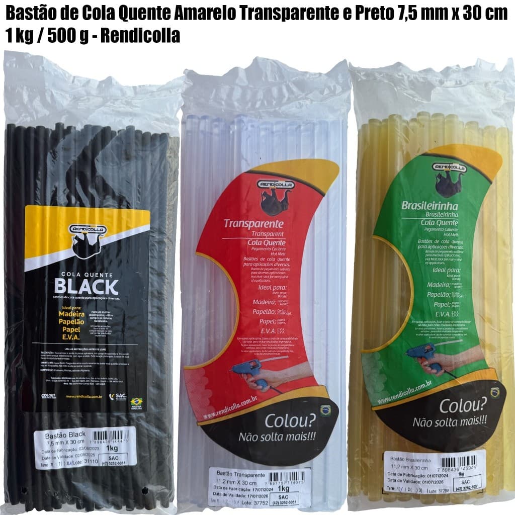 Cola Quente 7.5mm Fina (Pacote 500g) - Escolha: Preta, Amarela ou Transparente