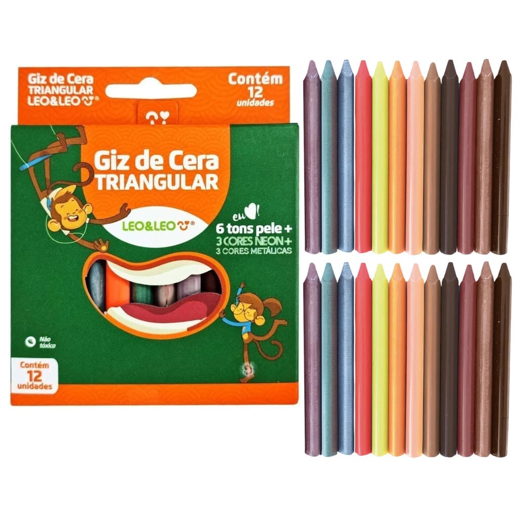 Giz De Cera 12 Cores Metálico Tons De Pele Neon Não Tóxico