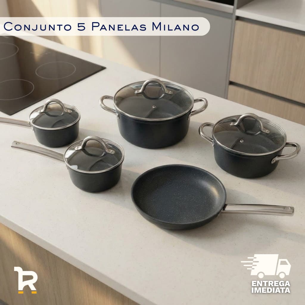 Jogo de Panelas Indução 5 Peças Revestimento Cerâmico Frigideira 24cm Cabo Inox com Tampa de Vidro