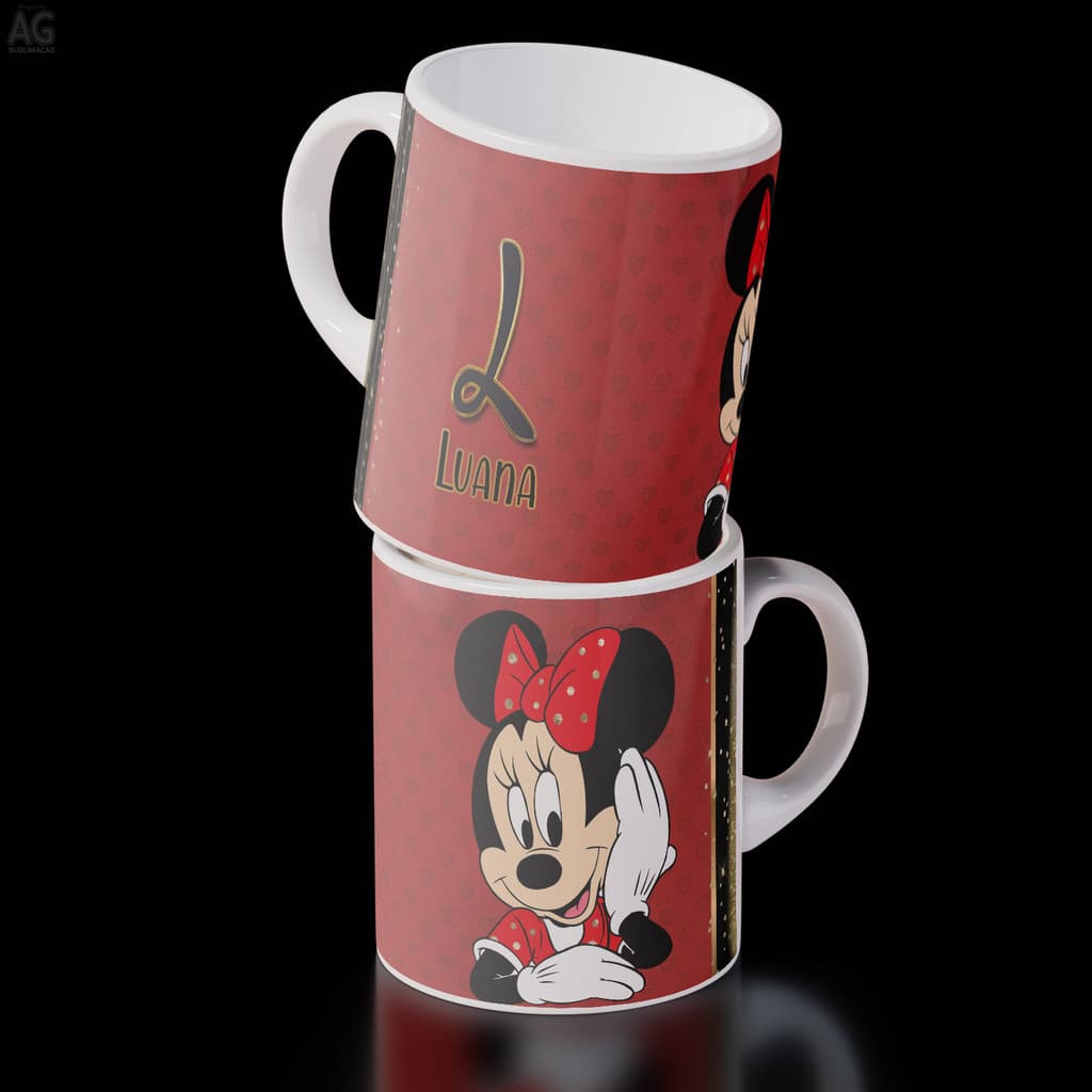 Caneca Xicara personalizada MINNIE estampa vermelha com nome e iniciais, temos todas iniciais 325ml