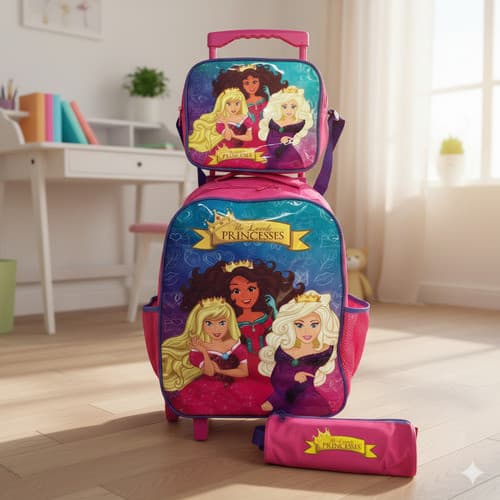 Kit Mochila Rodinhas Princesas + Lancheira Térmica + Estojo Roxa Princesas