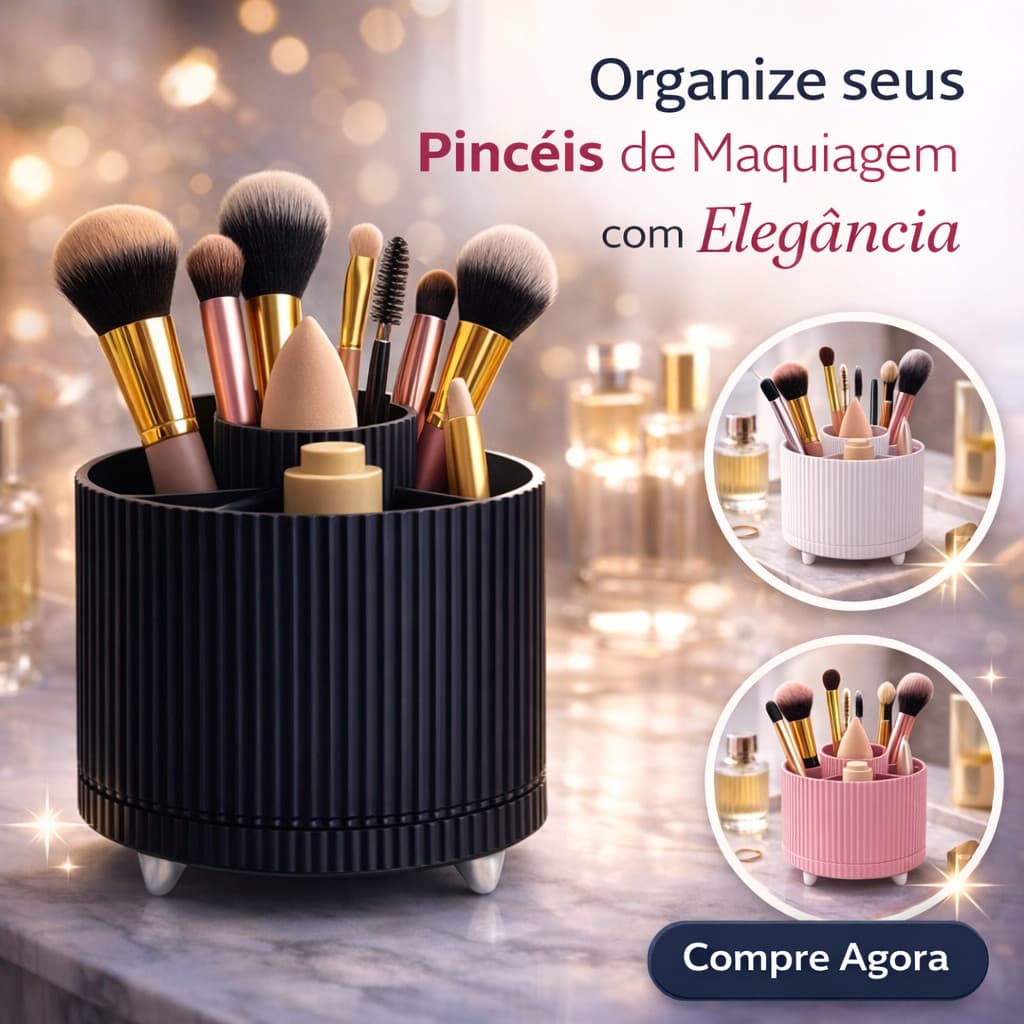 Organizador de Maquiagem Giratório 360º Premium – Porta Pincéis, Batons e Cosméticos