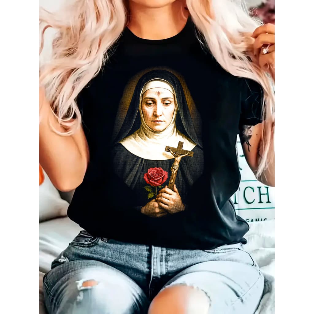 Camiseta Feminina Santa Rita de Cássia Estampa Religiosa 100% Algodão Leve Confortável Femenina