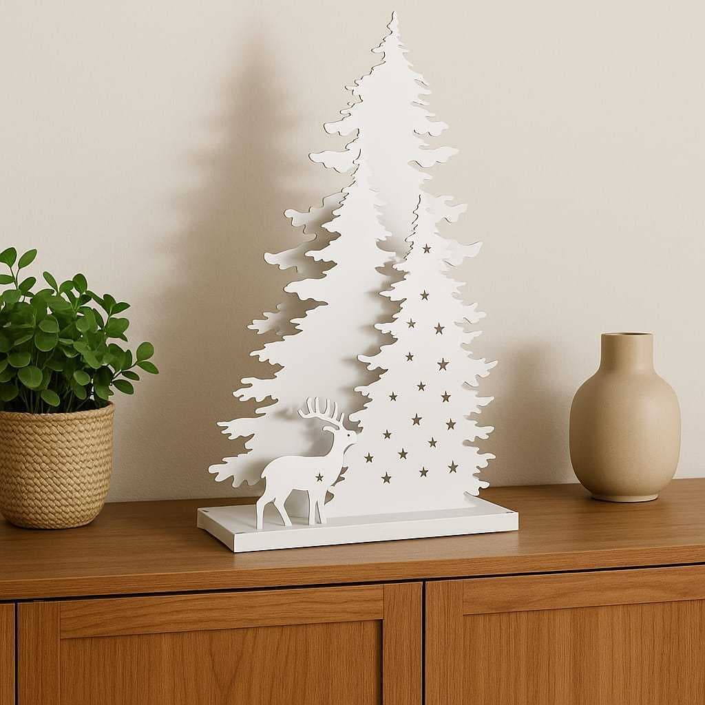 Árvore de Natal Branca MDF com Rena Decorativa Enfeite Natalino Elegante Para Mesa Aparador Sala Decoração Festiva Luxo
