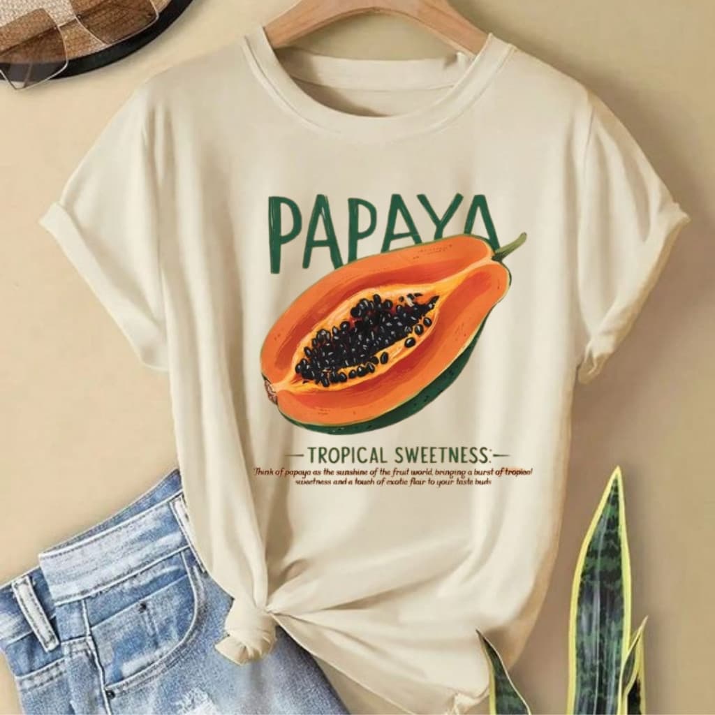 Blusinha Feminina Camiseta Papaya - Estampa Fruta Tropical, Casual e Estilosa, Moda Gringa Estilo Casual