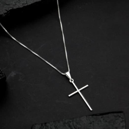 Corrente Veneziana + Pingente Cruz Palito Banhado a Prata 925 Cordão Masculino Correntinha com Crucifixo