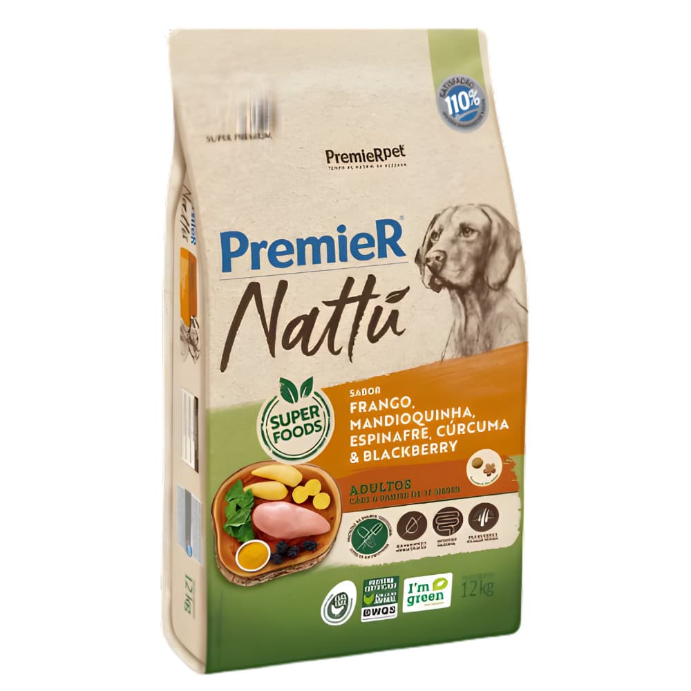 Ração Premier Nattu Cães Adultos Porte Grande Mandioquinha 12kg Nutrição Natural