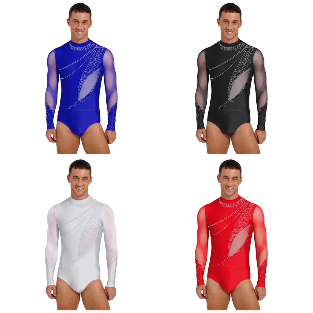 inhzoy Body Masculino De Dança Latina Para Patinação Artística , Malha De Strass Brilhante , Manga Comprida , Virilha Ab