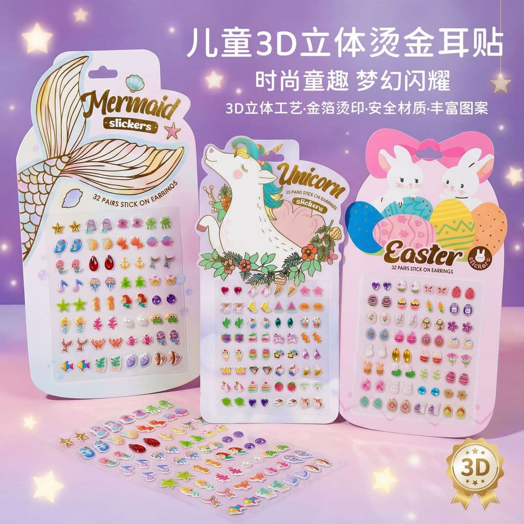 Crianças brincos adesivos 3D tridimensional epóxi brincos gemas de cristal menina dos desenhos animados rosto maquiagem
