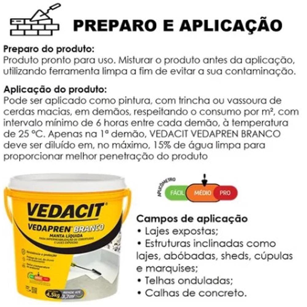 Vedacit Vedapren Branco 4,5L Impermeabilizante Laje Cobertura Telhado