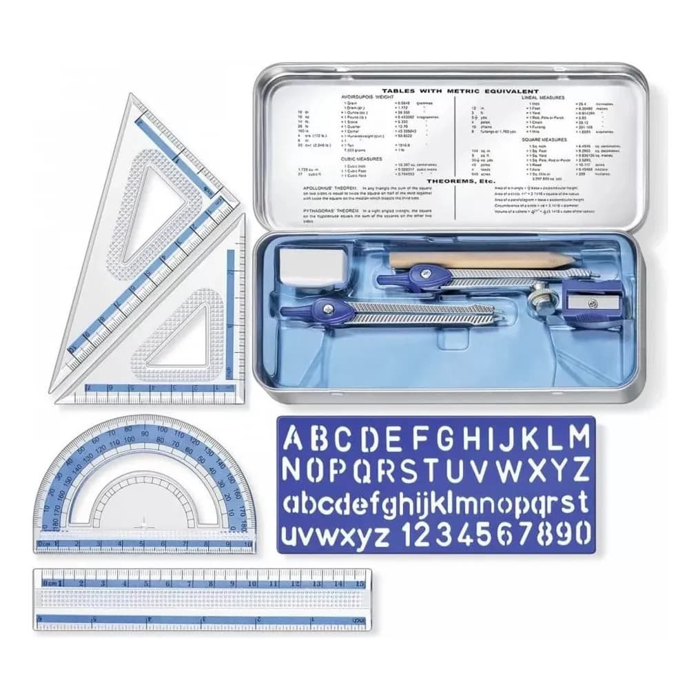 Conjunto Geométrico Escolar 10 Peças Staedtler 557 Régua Compasso