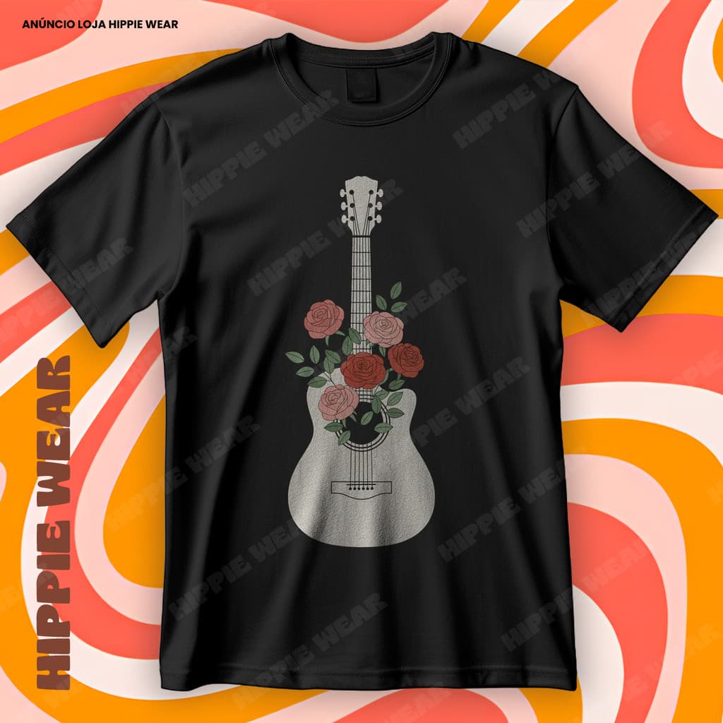 Camiseta Violão Acústico Flores Rosas Musical Blusa Camisa 100% Algodão