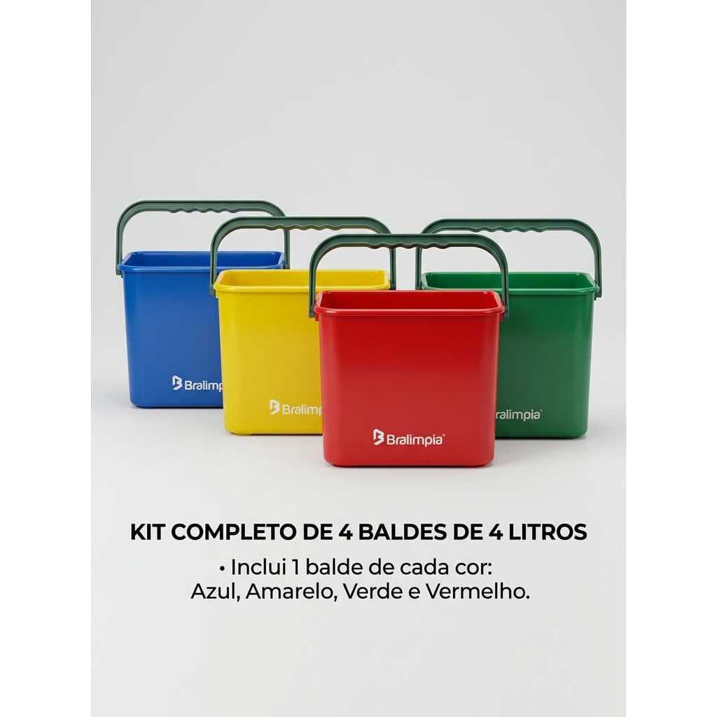 Kit 4 Baldes 4 Litros Bralimpia Coloridos Com Alça Reforçada Limpeza Profissional Carrinho Funcional