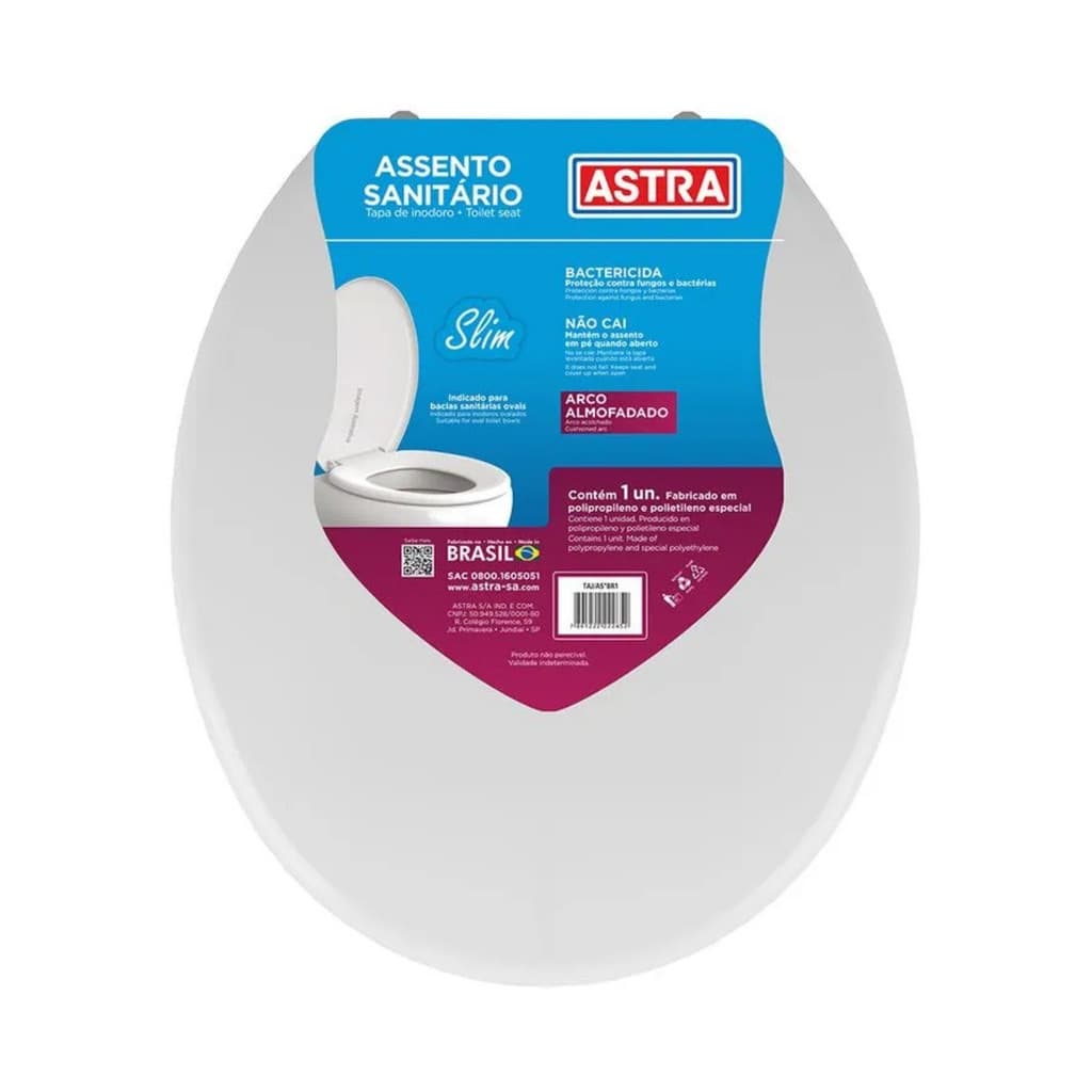 Assento Tampa Vaso Sanitário Almofadado Astra Slim Oval Branco Universal Antibactericida TAJ/ASBR1