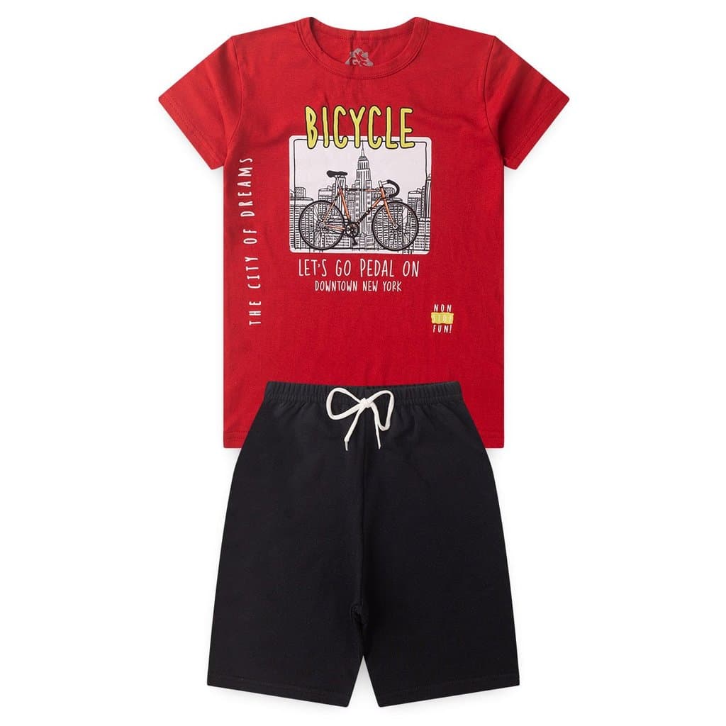Conjunto Infantil Juvenil Verão Roupa Menino Camiseta Meia Malha Bicicleta Bermuda Moletinho - Conjunto Masculino