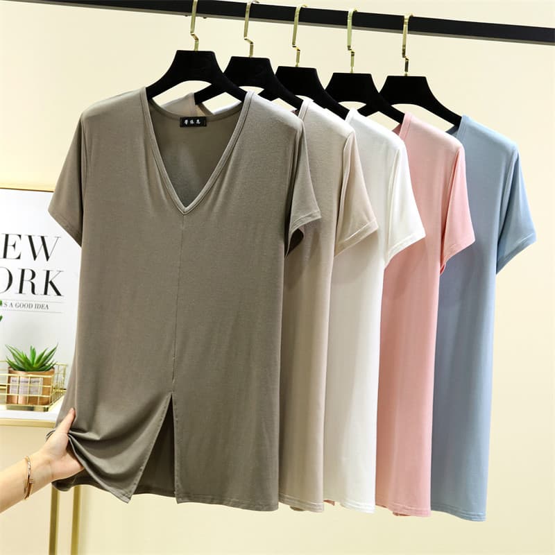 Novo estilo Modal com decote em V fenda frontal manga curta camiseta feminina verão exterior Wear mais magro olhar magro
