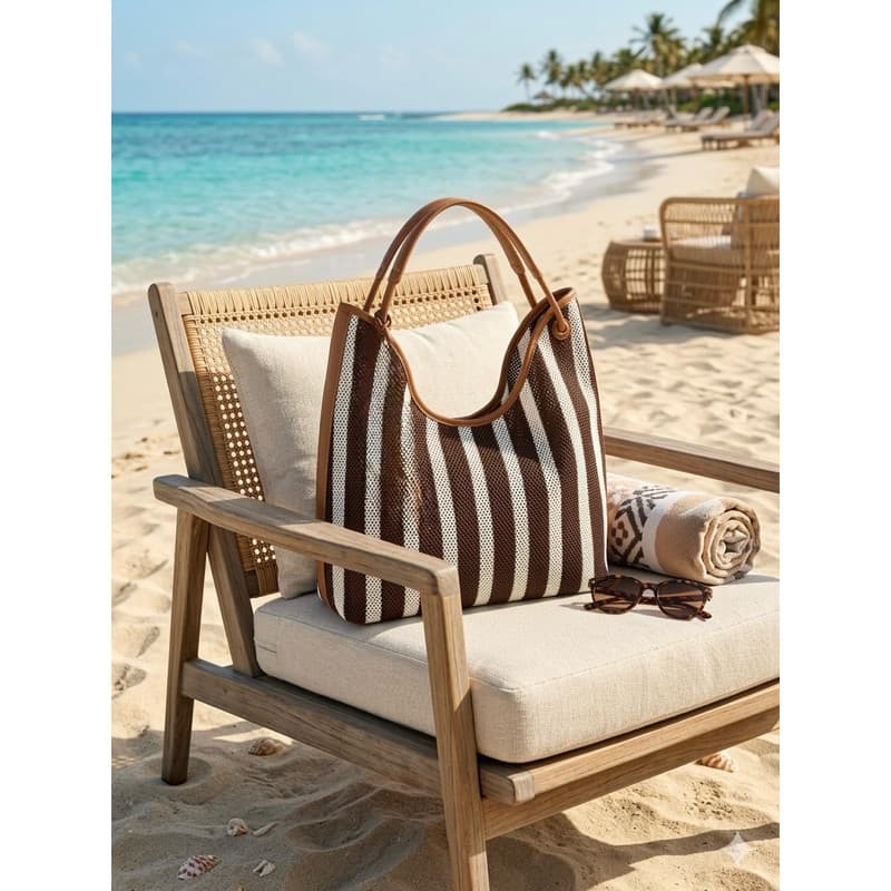 Bolsa Feminina de Praia Listrada Crochê Blogueira Luxo Grande Ombro Bolsa Sacola Tote Mesh Verão 2026