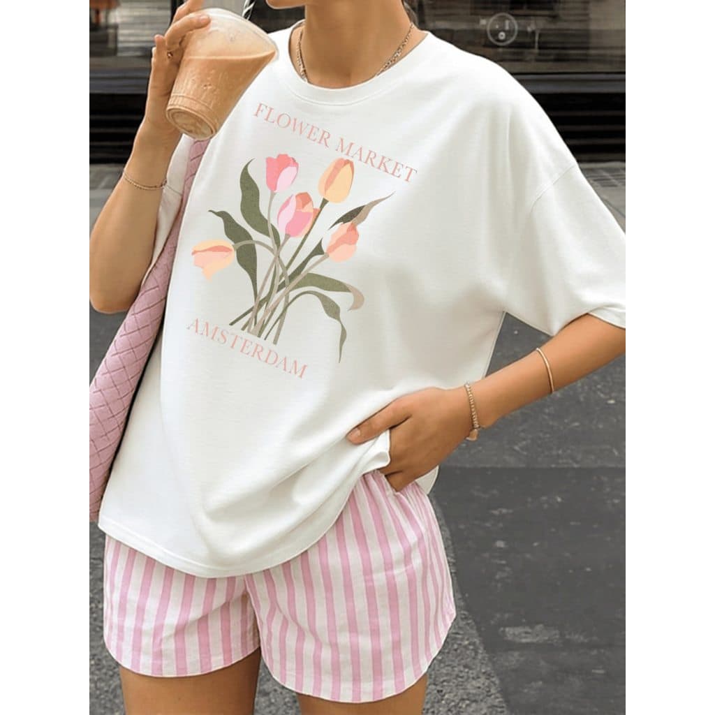 Tshirt Camisa Camiseta Estampa Floral Brasileira Camiseta Oversized Moda Verão Gola Redonda - Flower Market